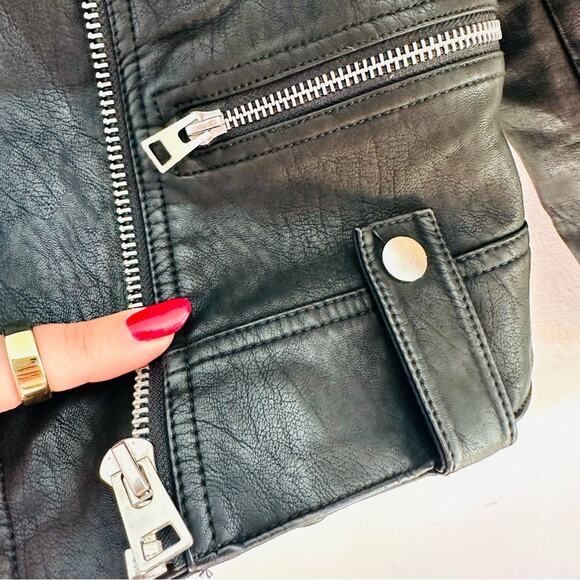 TOPSHOP Black Faux Vegan Leather Offset Side Zip Classic Moto Biker Jacket 4 - Picture 13 of 15